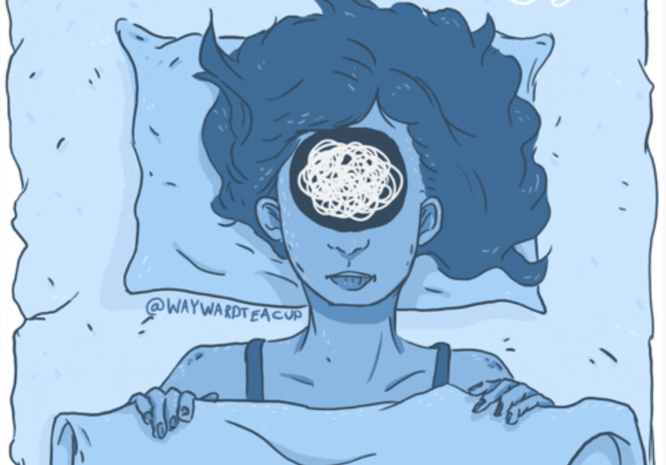 An illustration of a woman lying in bed with tangled thoughts in her head