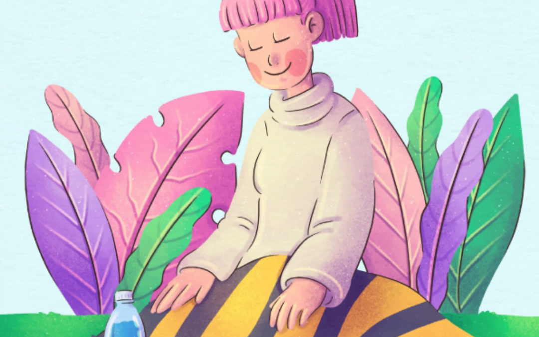 Illustration of a woman meditating outside with a blanket